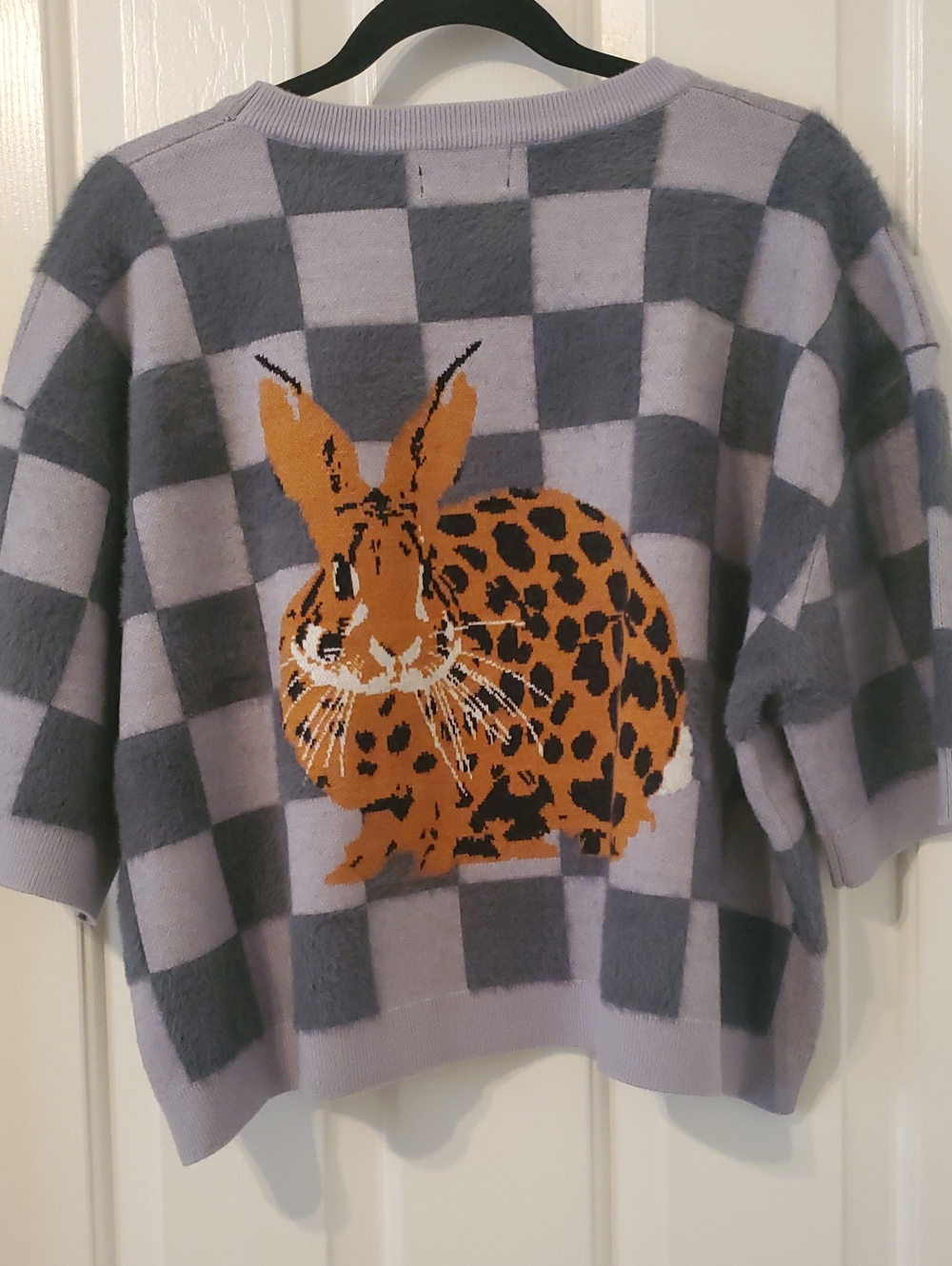 Dressed in LALA Lavender & Gray Checkerboard Bunny Sweater - Picture 6 of 7